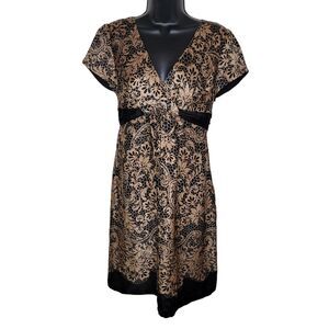 Mimi Maternity 100% Silk Belted Dress Gold Black Floral Batik Medium